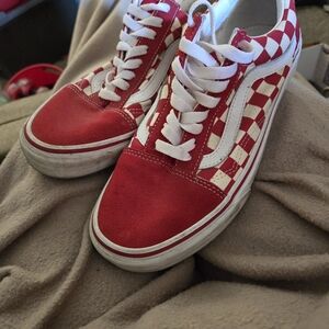 Red Checkerboard Low-Top Sneakers with White Accents